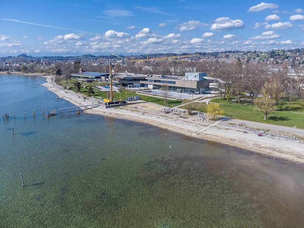 Therme Lindau at Eichwald, aerial view from Lake Constance (2022)